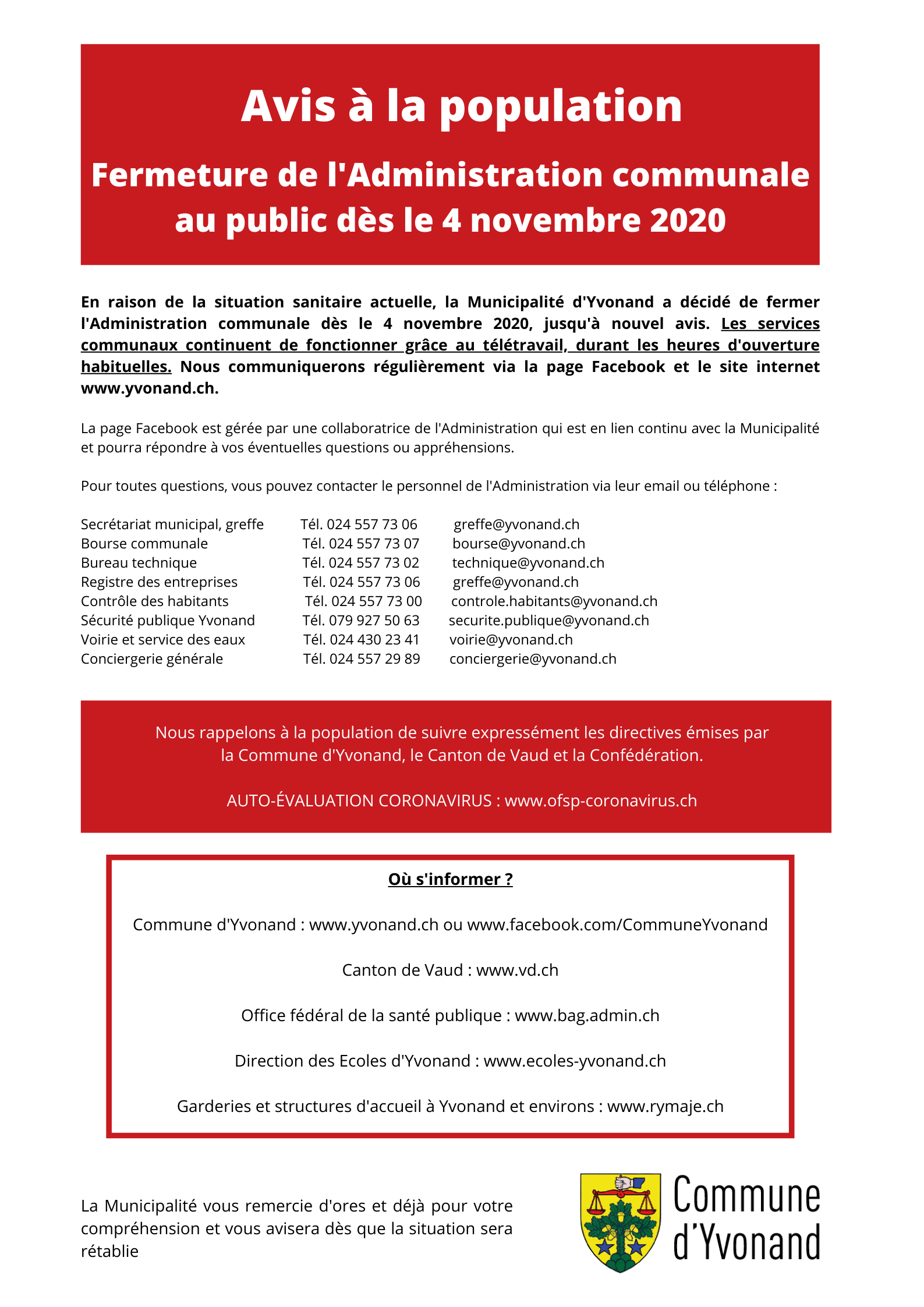Avis à la population_Fermeture de l'Administration_dès le 04.11.2020